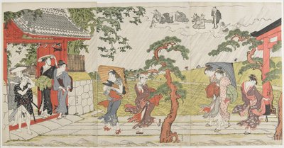 みめぐり神社の突然のシャワー、1787 作： Torii Kiyonaga